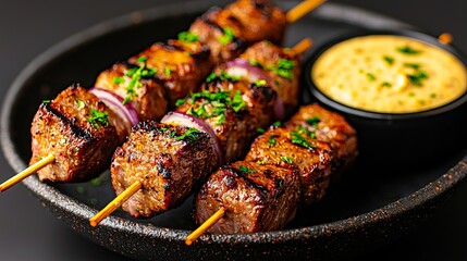 Delicious grilled beef skewers with dipping sauce