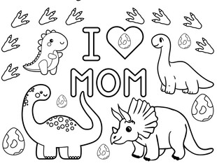 I love mom coloring page with outline of dinosaures  easy to print us size design perfect as a children activity on bad weather day © MonkaLemonka