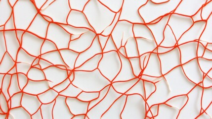 Red intertwined string art on a white background, forming an abstract web-like network