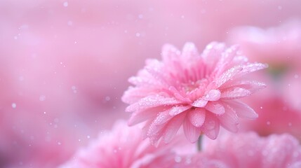 Close up of a delicate pink flower with water droplets, soft focus background.  Floral beauty, nature, freshness concept.
