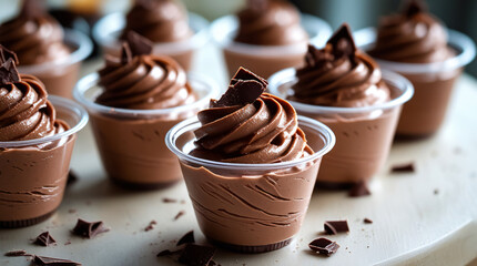 Сhocolate mousse dessert in transparent plastic cups with spiral creamy topping and dark chocolate shavings. For pastry shop advertising, food blogs, restaurant menus, gourmet packaging design