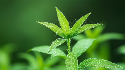 Close up of fresh green plant leaves with morning dew.  Nature, freshness, growth, and new beginnings concept.