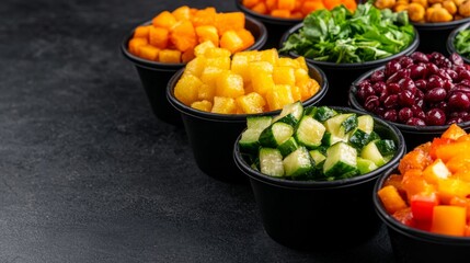 Assortment of colorful diced vegetables in black bowls.  Healthy eating, cooking ingredients, vibrant food concept.