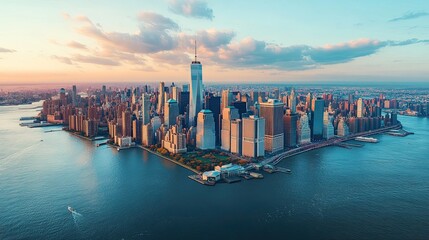 Fototapeta premium Aerial View of Manhattan, New York City Skyline with Skyscrapers, Iconic Landmarks, and Urban Landscape