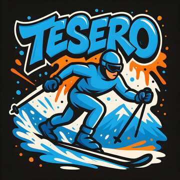 Skier speeding down snowy mountain slope