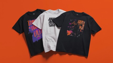 Collection of Graphic T-Shirts on Vibrant Orange Background