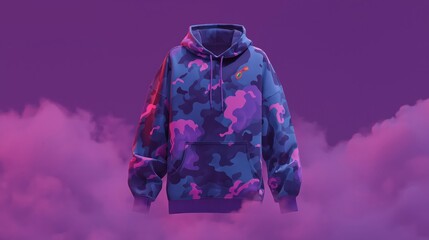 Colorful Camo Hoodie on Vibrant Purple Background with Misty Effect