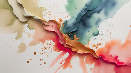 Watercolor stains with gold foil inserts. Abstract background with liquid paint spreads and metallic highlights, for branding, stationery, packaging, interior prints, web design, posters