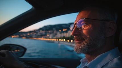 Happy man driving, enjoying a beautiful coastal view at sunset.