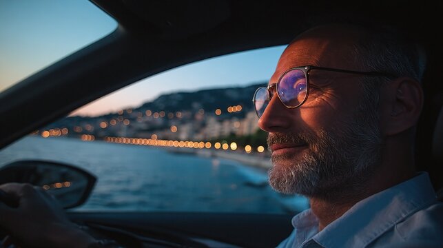 Happy man driving, enjoying a beautiful coastal view at sunset.