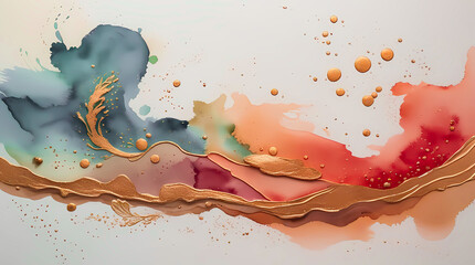Watercolor stains with gold foil inserts. Abstract background with liquid paint spreads and metallic highlights, for branding, stationery, packaging, interior prints, web design, posters
