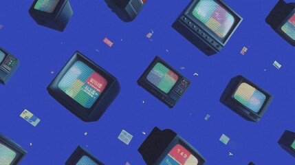 Retro Television Displays Floating on Bright Blue Background