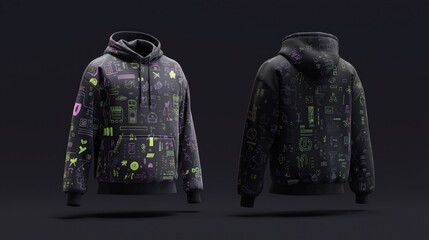 Stylish Black Hoodie with Colorful Graphic Designs and Patterns