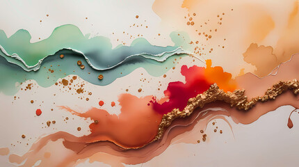 Watercolor stains with gold foil inserts. Abstract background with liquid paint spreads and metallic highlights, for branding, stationery, packaging, interior prints, web design, posters