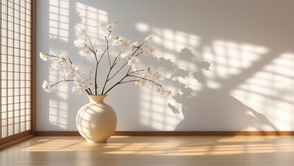 White blossoms in vase minimalist japanese room decor