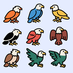 Naklejka premium Cute cartoon eagles in standing positions collection icon vector. Suitable for animal mascot, learning media, bird symbol, and educational design ideas.