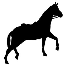 A horse is shown in silhouette, with its head held high and its legs spread wide. The horse is standing on a white background, and it is galloping or running. Concept of freedom and power