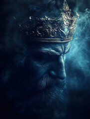 Majestic Enigmatic King With Intricate Crown in Mystical Blue Lighting