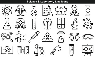 Science and Laboratory Black Line Icons Set, Illustrations for Chemistry and Biology