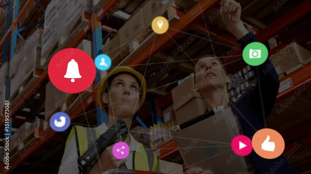 Poster workers scanning racks, initiating network icons animating warehouse alerts for monitoring