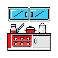 Stove and cabinet for cooking and kitchen setup.