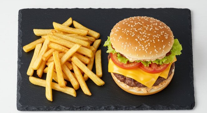Tasty cheeseburger with golden fries, served on a dark slate board on a white surface