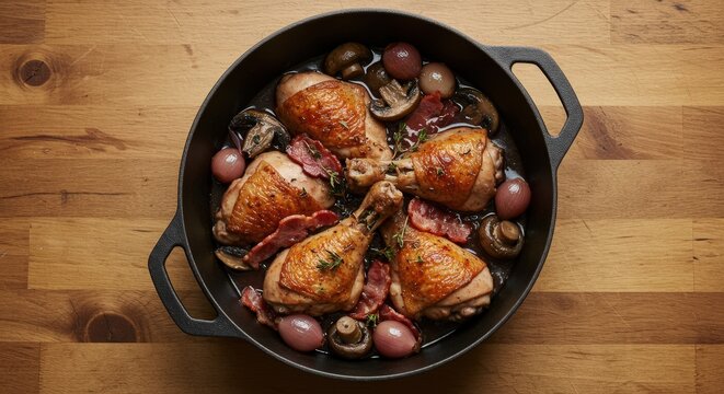 Classic french coq au vin with tender chicken, mushrooms, and bacon in a rustic skillet