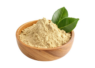Bergamot powder with leaves in a wooden bowl isolated on a transparent background png