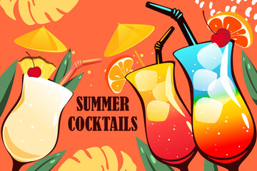 Summer cocktails background. Summer refreshing drinks, pina colada, rainbow cocktail, sex on the beach. Vector illustration.