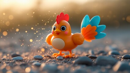 Cute orange chick toy on pebbles at sunset