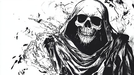 A black and white ink drawing character, in horror comic style, featuring the Grim Reaper. Death with a hood and scythe