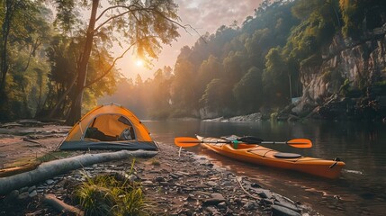 Serene lakeside camping scene at sunset with a kayak resting by a tent amidst lush forest surroundings