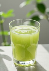Refreshing Green Juice in Glass, Bright Sunlight