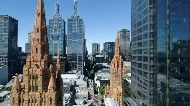 Aerial view of st Paul's cathedral Melbourne surrounded by skyscrapers city skyline