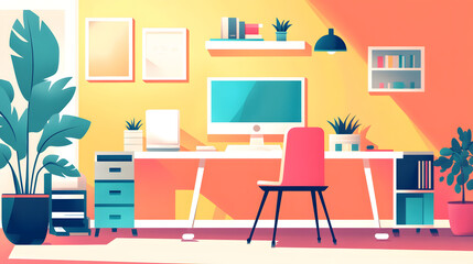 Bright and modern home office setup with desk, computer, plants, and colorful decor in the background