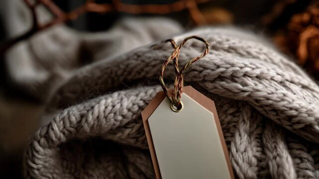 Cozy knitted wool jumper or cardigan with blank paper label tag for price, text and message close up, autumn and winter clothes