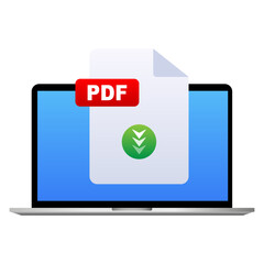 PDF file download icon with check mark on laptop screen. Document download concept. Vector illustration