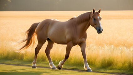 Peaceful scene of a strong, light brown horse strolling in a sunlit golden field—capturing the essence of freedom and natural beauty.