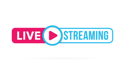 Bright and modern Live Streaming label with pink and blue colors, featuring a bold play button. Ideal for digital broadcast, online video, YouTube, and social media streaming content.