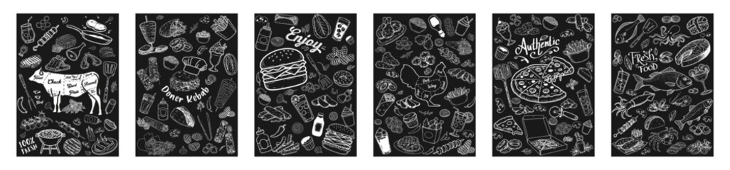 Hand-drawn menu collection. Menu contents prepared in a vintage style.