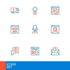 Set line Envelope, Pie chart infographic, Business negotiations, Telephone 24 hours support, Monitor with dollar, Office chair, Advertising and Light bulb icon. Vector