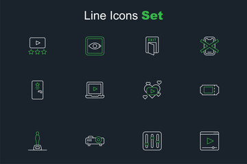 Naklejka premium Set line Online play video, Sound mixer controller, Movie, film, media projector, trophy, Cinema ticket, Romantic movie, and Backstage icon. Vector
