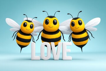 Three cute cartoon bees and the word love