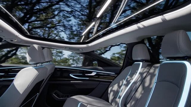 Futuristic electric car interior with panoramic roof and ambient lighting under trees.
