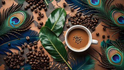 Fresh green leaves and coffee drink scene high resolution image