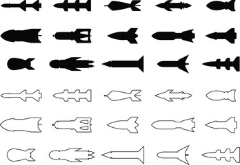 Guided missile weapon or ballistic rocket weapons with booster flat and line vector icon set for apps and websites