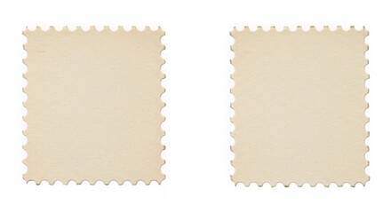 Two blank postage stamps with scalloped edges isolated on a transparent background