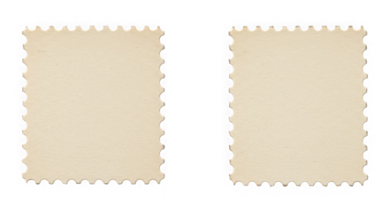 Two blank postage stamps with scalloped edges isolated on a transparent background