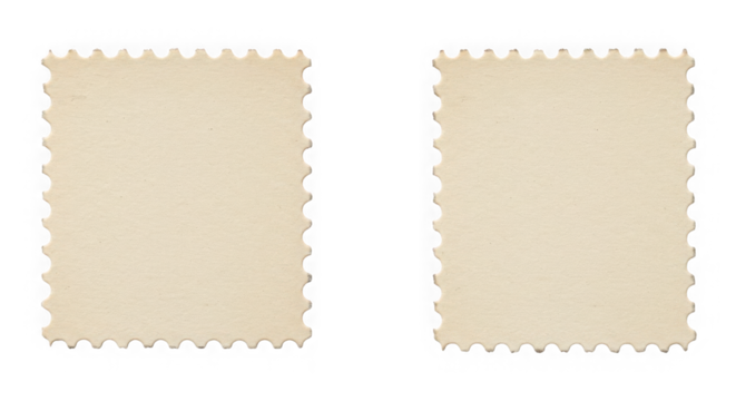 Two blank postage stamps with scalloped edges isolated on a transparent background