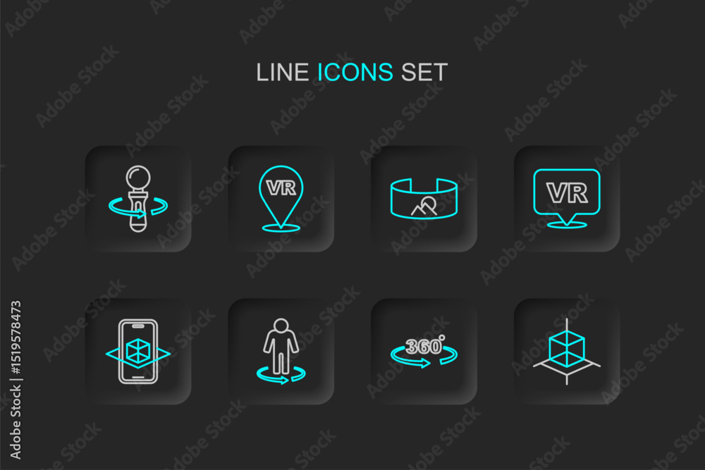 Aufkleber set line 3d modeling, 360 degree view, virtual reality, and vr controller game icon. vector